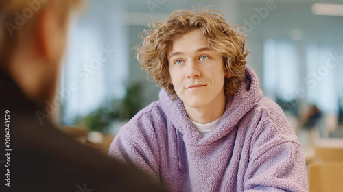 a male social worker is talking to a young person at a table