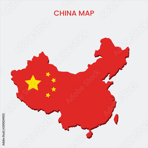 A map of China with the country's flag colors and design on a light background