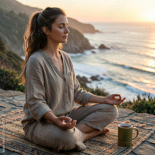 Peaceful woman practices guided breathwork on ocean cliff at sunrise for mindful coastal wellness retreat and tranquil rejuvenation