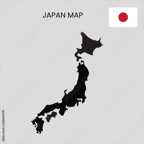 A black silhouette map of Japan with the Japanese flag on a gray background