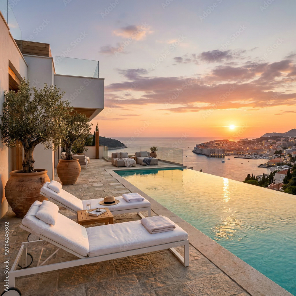 Fototapeta premium Infinity pool with sunset coastal view 