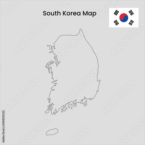 A simple line drawing of South Korea on a gray background with the national flag