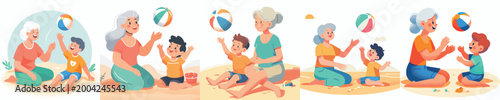 vector happy a grandma and grandchild sitting on sand playing beach ball on summer