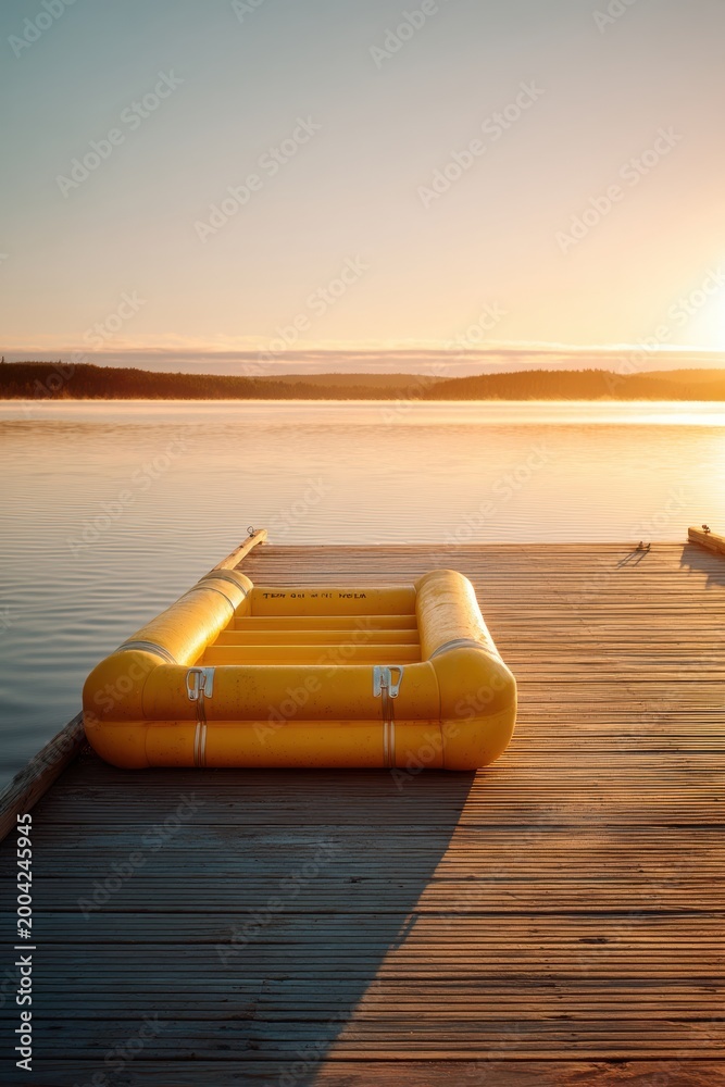 Fototapeta premium Yellow inflatable boat resting on wooden dock at sunrise. Calm lake view with morning mist and golden light. Concept of outdoor travel, water adventure, peaceful holiday and nature.
