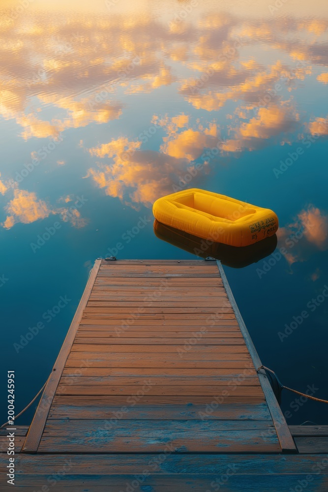 Fototapeta premium Yellow inflatable boat floating on calm lake water near a rustic wooden pier. Peaceful scenic view of sunset sky reflection in the pond. Summer vacation and leisure travel concept.