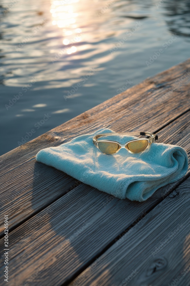 Fototapeta premium Swimming goggles resting on a soft towel on a wooden dock by the water. Recreational sports equipment after a swim session. Summer vacation leisure activity in the outdoors at sunset.