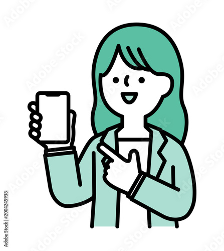 画面を見せながらスマホを指差す笑顔の女性のイラスト