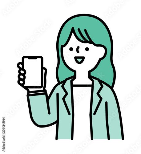 スマートフォンの画面を見せる笑顔の女性のイラスト