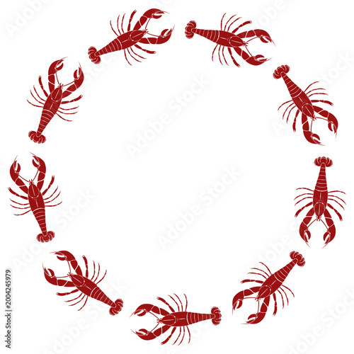 Lobster decorative circle frame. Red vintage silhouette art on white background. Vector hand drawn crayfish illustration for cosmetic, underwater themes, branding, postcards with blank copy space