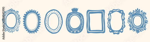 Tableau sur toile Set of decorative oval and rectangular frames in blue ink doodle style: ornate v