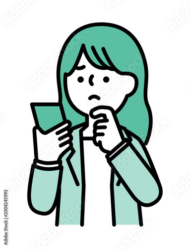 スマホを見ながら悩んでいる女性のイラスト