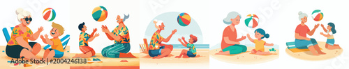 vector happy a grandma and grandchild sitting on sand playing beach ball on summer