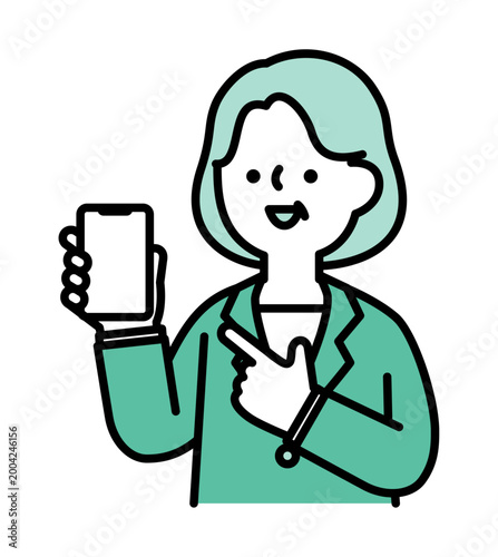 スマホを指差す笑顔のシニア女性のイラスト