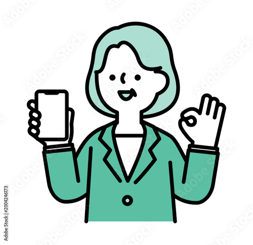OKジェスチャーをするスマホを持ったシニア女性のイラスト