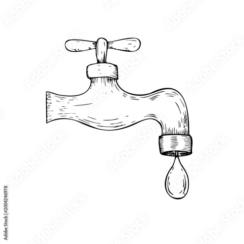 Vector drop of pure water dripping from the tap. Graphic bathroom faucet hand drawn illustration isolated on background. Zero waste, sustainable living concept. For designer, Eco-Friendly, planting or