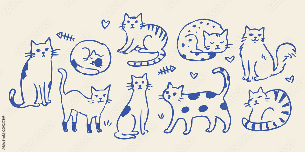 Obraz premium Cat set naive blue sketch pattern vector