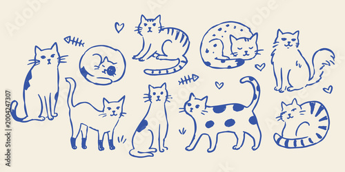Cat set naive blue sketch pattern vector