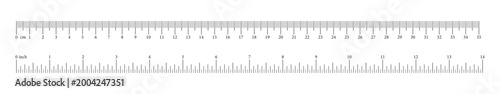 Measuring chart with 35 centimeters, 14 inches. Ruler scale with numbers. Length measurement math, distance, height template. Sewing tool. Metric, imperial units.