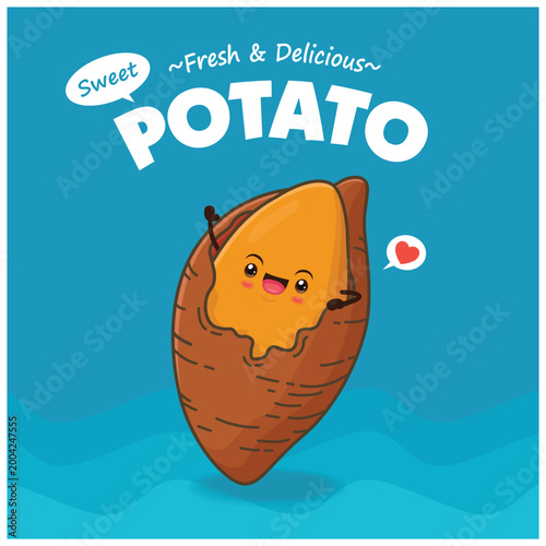 Vintage food poster design with sweet potato character.