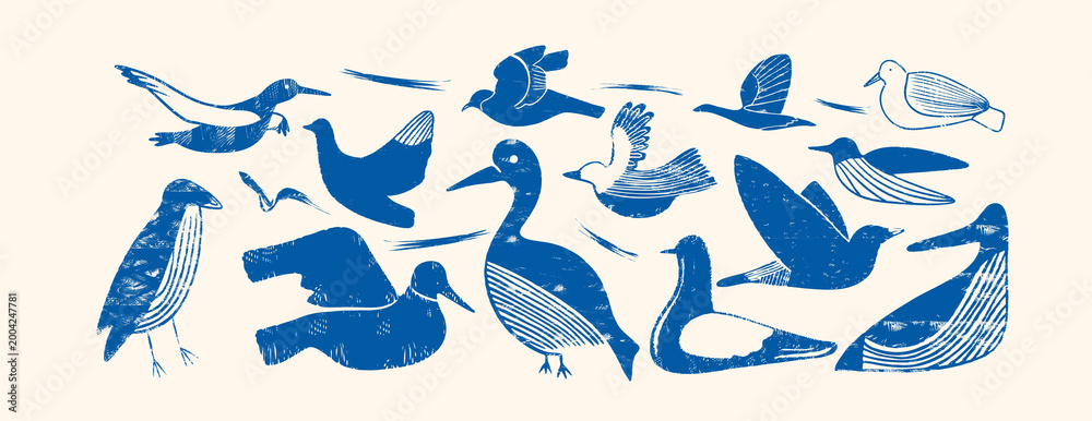 Obraz premium Blue linocut waterbird set — hand-printed silhouettes of pelican, heron, seagull and shorebirds with bold woodcut texture, ideal for coastal, nautical or nature design