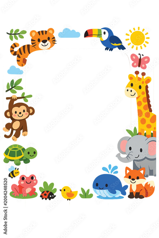 Fototapeta premium Colorful cartoon animals border frame with jungle wildlife