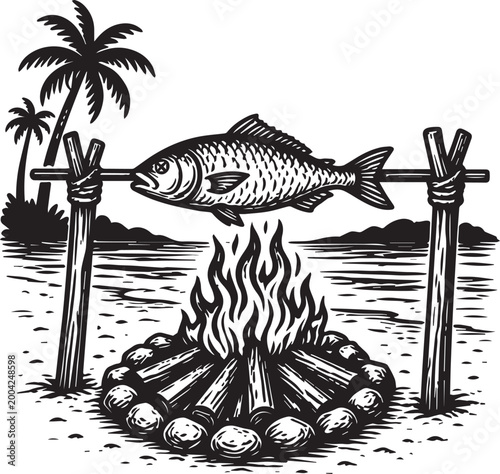 each Campfire with Grilled Fish Vintage Engraving – Nautical Woodcut Illustration