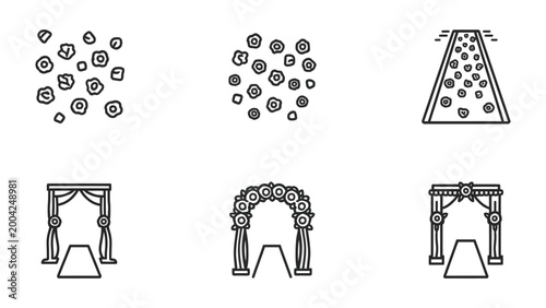 Foto Wedding Decorations: Elegant line art captures a selection of wedding decorations, from floral arrangements to archways and a welcoming aisle, promising an atmosphere of romance and beauty