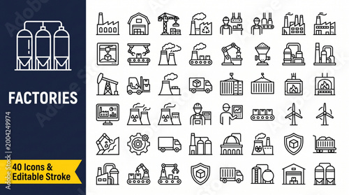 Factories icons set with industrial buildings, machinery, and logistics
