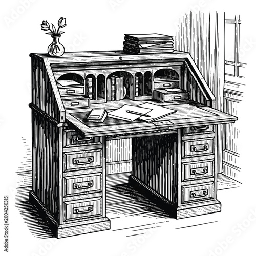 Vintage wooden roll top office desk.