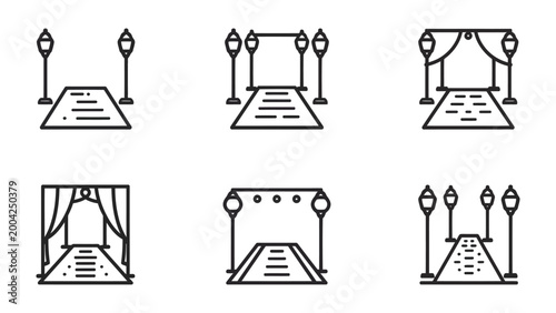 Tableau sur toile Wedding Aisle Icon Set: A collection of simple line art illustrations showcases a variety of wedding aisle and decor arrangements