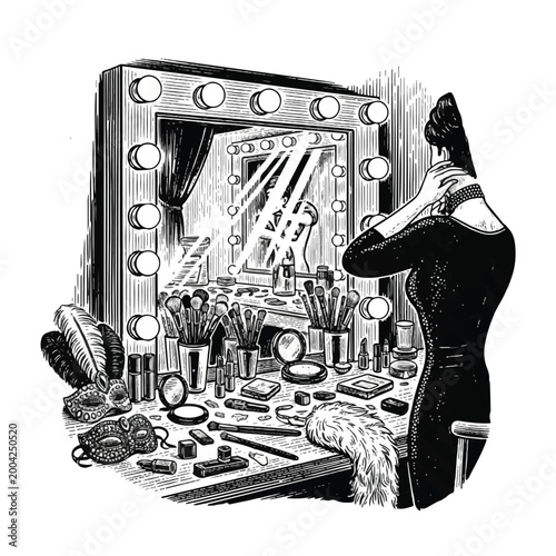 Woman applying makeup in front mirror.