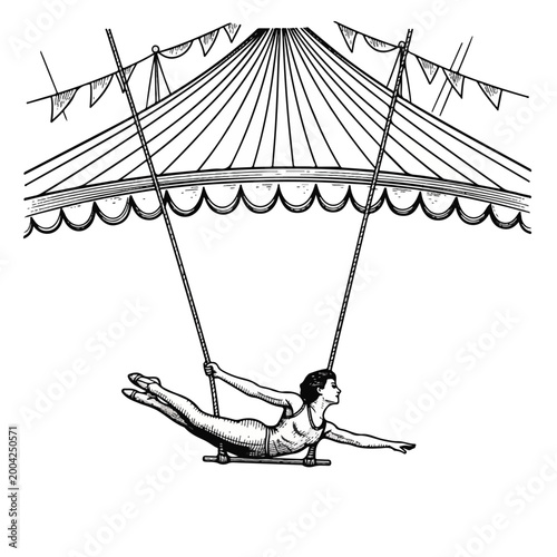 Woman on trapeze under circus tent.