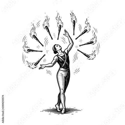 Woman Performing Fire Juggling Act Solo.