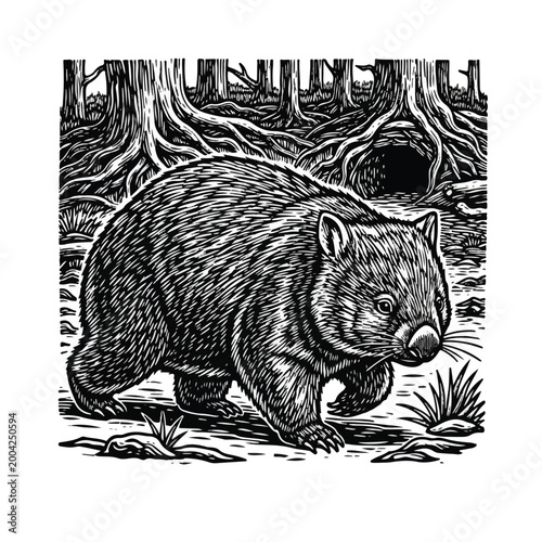 Wombat in forest habitat walking forward.
