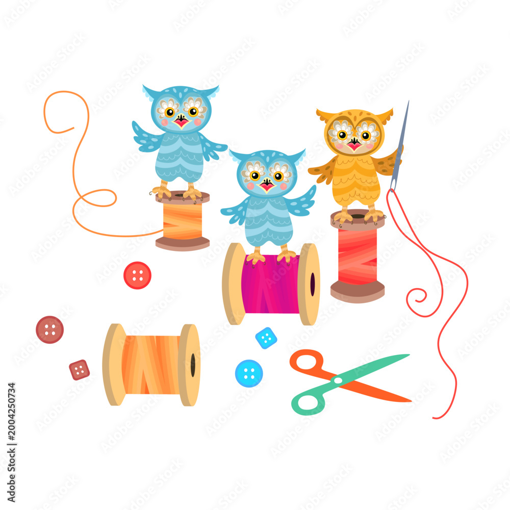 Fototapeta premium Cute owls - tailors on spools of threads. Owl holds needle with thread. 