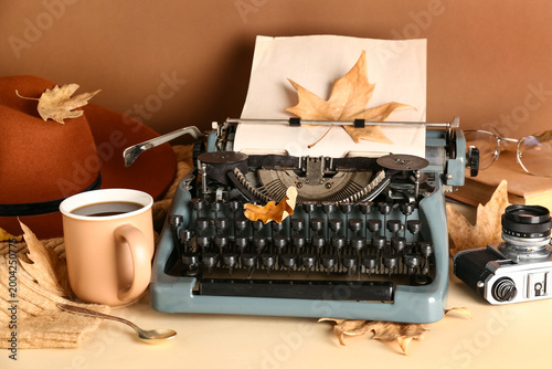 Vintage typewriter, hat, ph...