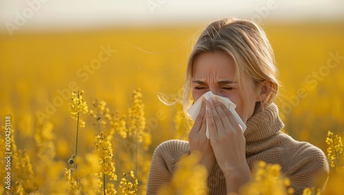 Blonde woman in yellow field holding tissue, sneezing from seasonal pollen allergies