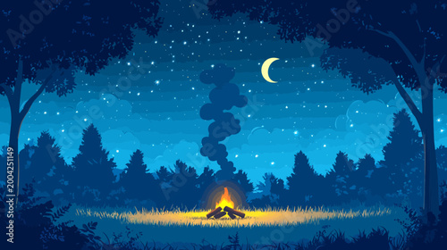 A campfire glows beneath a starry sky, framed by trees, with a crescent moon
