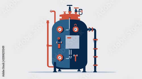 Stylized illustration of a cylindrical industrial apparatus with various pipes, gauges, and valves, against neutral background