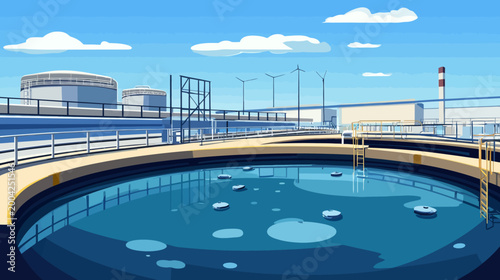 Pixelated artwork of a water treatment plant with blue skies and wind turbines in the background