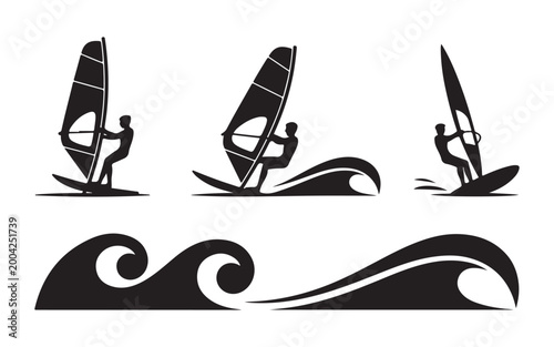 Silhouettes of windsurfers riding waves in the ocean