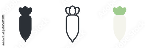 大根アイコンセット 3種 白黒・線画・カラーのシンプルな野菜イラスト