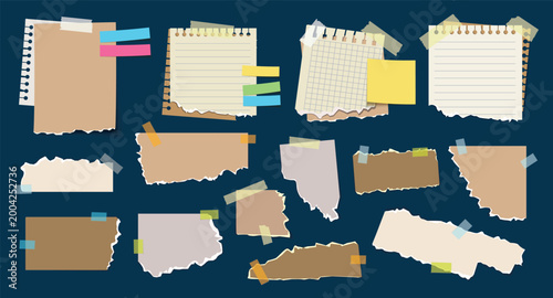 Set of torn paper strips and notebook pages with tape and colorful tabs on dark blue background, collage elements for notes and design mockups. Vector illustration