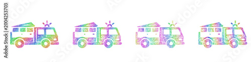 Colorful sketch fire truck icon design set