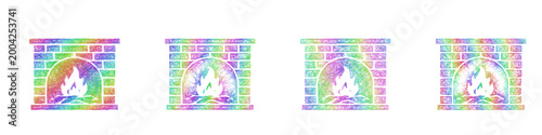 Multicolored sketch fireplace icon design set