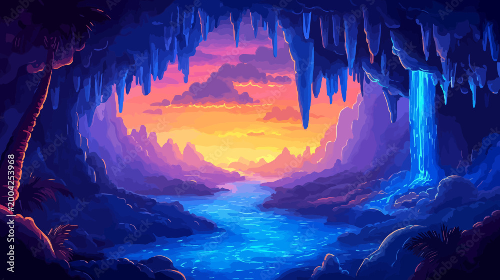 Fototapeta premium A pixelated fantasy landscape scene with a cave, a waterfall, river, and a sunset sky