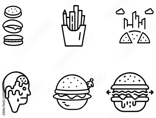 Food icons set with burgers, fries and pizza
