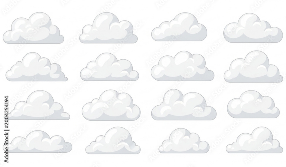 Obraz premium Cartoon white cloud vector set with fluffy flat design cloud illustrations isolated on white
