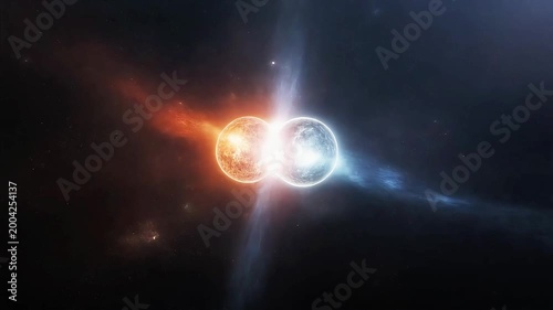 Cinematic 4K Footage: Two Stars Colliding, One Orange, One Blue, Erupting Energy in Deep Space
