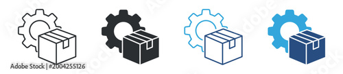 Product management icon set. box with gear. product lifecycle and operations concept. vector illustration.